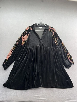 Umgee Dress Womens Large Black Velvet Babydoll Floral Sleeve Boho Collar V Neck - Image 1 of 4
