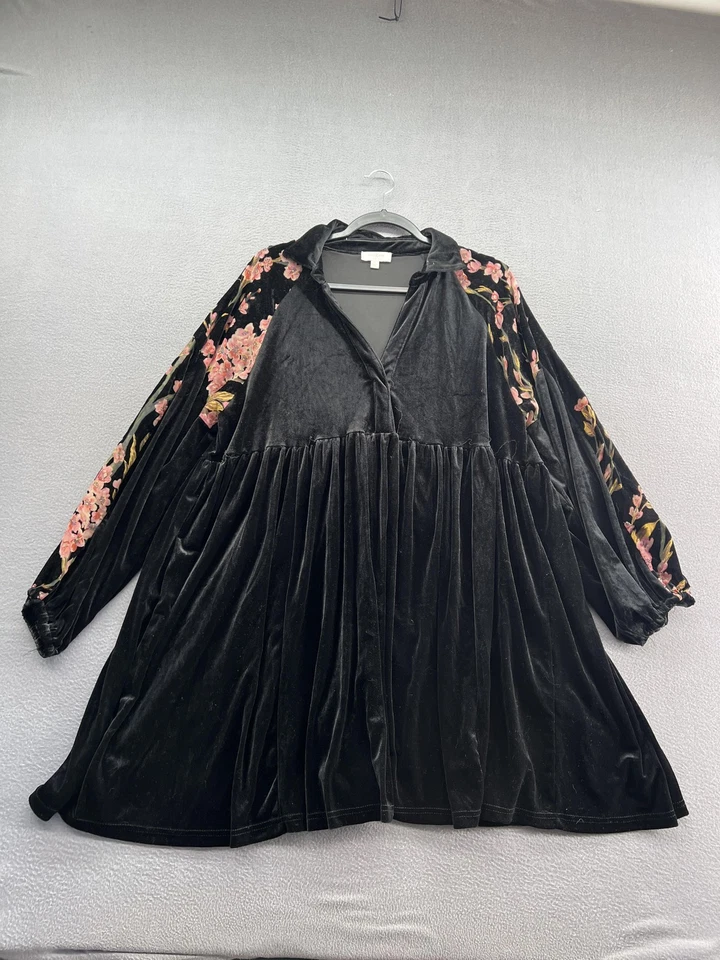 Vestido Umgee Para Mujer Grande Negro Terciopelo Babydoll Manga Floral Cuello Boho Cuello en V Foto 1 de 4