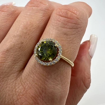 New 14K Solid Gold Ring Women’s Jewelry Green Stone & CZ Italy Gift Size 8 - Image 1 of 4