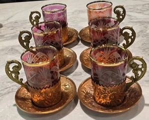 6 ANTIQUE TURKISH COPPER COFFEE CUPS W/ HAND CUT 2 CLEAR CRANBERRY GLASS INSERTS - Picture 1 of 18