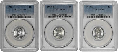 1943 P D S 1c Lincoln Steel Wheat Cent PCGS Graded MS 66 Three Coin Lot - Image 1 of 4