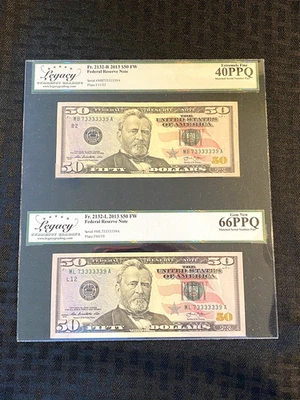2-$50 Dollar Duplicate Bills +  Fancy Serial Numbers 73333339 Ultra Rare! - Image 1 of 4