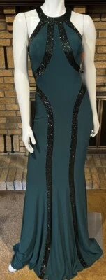 Vestido Largo Jersey Faviana Hunter Verde Lentejuelas Estilo 7510 Nuevo con Etiquetas Talla 0 Foto 1 de 4