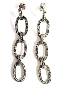 Plata de Ley Marcasita Larga Vintage Ovalado Colgante Pendientes 5.5 Gramos - Imagen 1 de 5