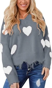 Women Oversized Off The Shoulder Pullover Sweaters Cropped V Neck Ripped Heart M - Picture 1 of 16