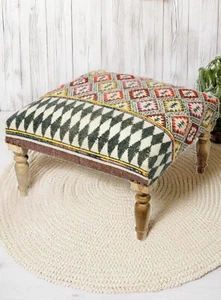 Großer Fußhocker Sitz geometrisch Baumwolle und Mango Holz Fußstütze mehrere Farben - Bild 1 von 3