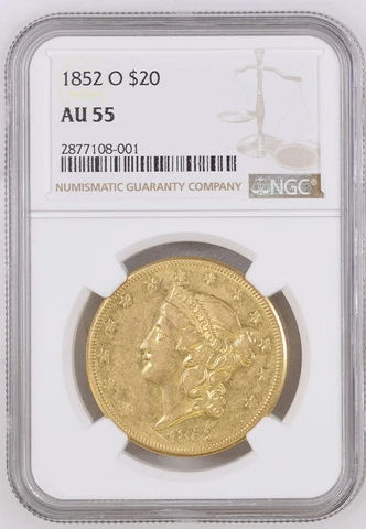 1852-O $20 Gold Liberty Double Eagle NGC AU55 Free Shipping Registered Mail Cover