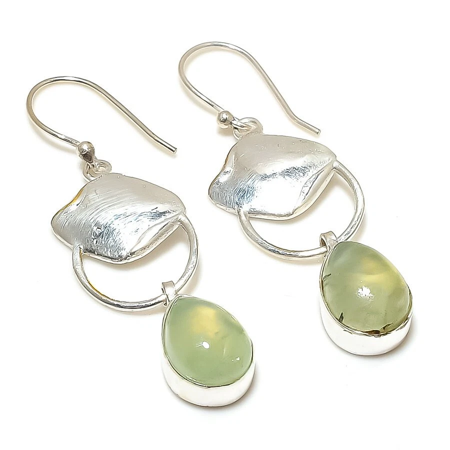 Pendientes colgantes hechos a mano con piedras preciosas prehnita chapados en plata joyería 2" Foto 1 de 1
