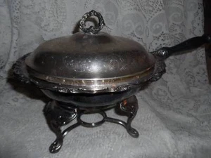 Vintage ~ Antik International geätztes versilbertes Holz Griff Chafing Dish Warming Ständer - Bild 1 von 12
