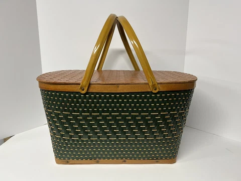 Vintage Burlington Green Woven Wood Picnic Basket Metal Handles Cover