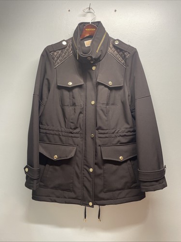 Giacca Michael Kors donna grande collo alto cappuccio arrotolabile nero con oro