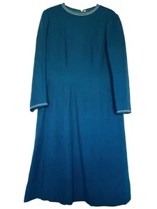 Vintage 1960's Ebba von Eckermann 100% Wool Turquoise Wool Midi Dress White Trim - Picture 1 of 12