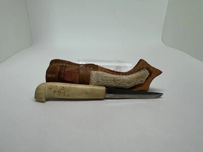 Cuchillo y funda de piel vintage finlandés Puukko mango de cuerno de reno nórdico Sami Foto 1 de 4
