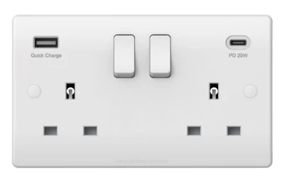 Double Wall Plug Socket 2 Gang 13A with USB C PD20W & Quick Charge White USBW3PD - Image 1 of 4