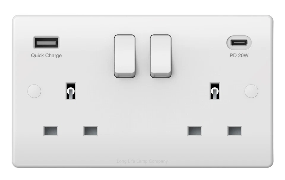 Double Wall Plug Socket 2 Gang 13A with USB C PD20W & Quick Charge White USBW3PD - Image 1 of 4