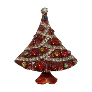 Christmas Tree Brooch With Red And Clear Diamantés - Picture 1 of 3