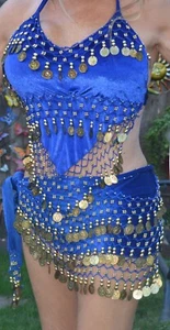 Belly Dancer Outfit Royal Blue and Gold 2 piece One Size Adjustable - Picture 1 of 4