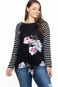 Womens Plus Size Black Floral Raglan Sleeve Top 2XL Long Sleeve Tie Accent - Picture 1 of 2