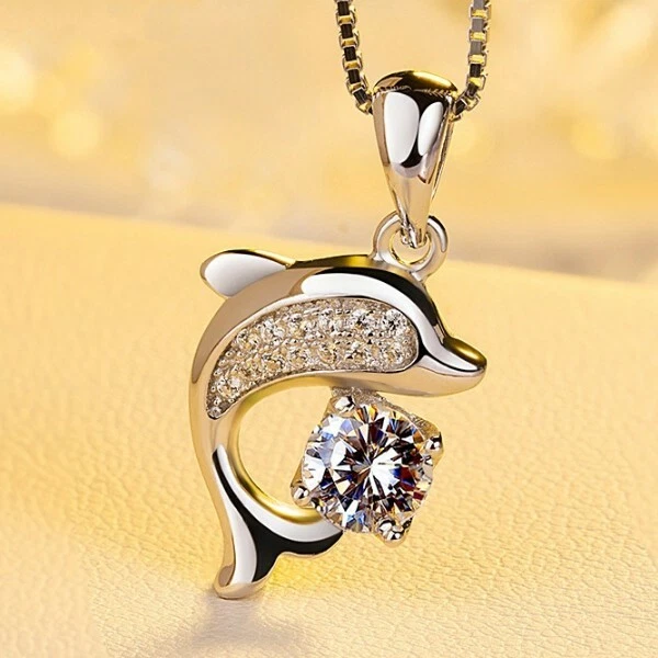 Catenina in argento Sterling 925 Ciondolo Delfino con pietra Zirconi - Immagine 1 di 4