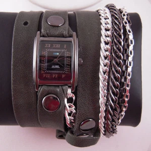 La Mer Gunmetal Icelandic Chain Charcoal Leather Gunmetal Face Rivets - Picture 1 of 1