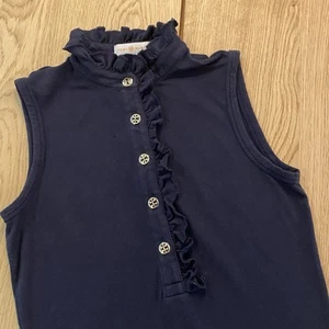 Tory Burch Shirt Navy Womens Ruffle Collar Sleeveless Polo XS Classy - Picture 1 of 9