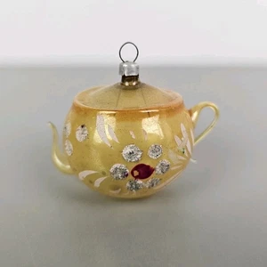 Antike grüne Teekanne Ornament mundgeblasenes Glas gelb Blumenmuster 2,5" Germany - Bild 1 von 9