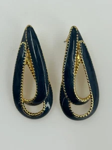 Pendientes Clip Lágrima Vintage Tono Dorado Azul Marino Mediados de Siglo Modernos - Imagen 1 de 6