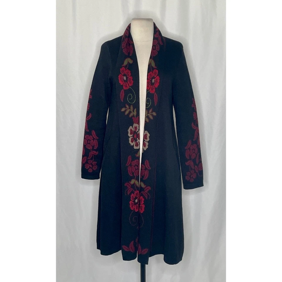 MAXSPORT Black Red Floral Duster Cardigan Sweater Wool Max Sport Knitwear Medium - Image 1 of 4