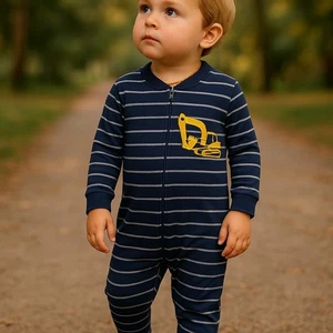 Carter's Boys Sleeper Size 4 Navy Blue Gray Excavator Construction Zipper Fleece - Foto 1 di 8