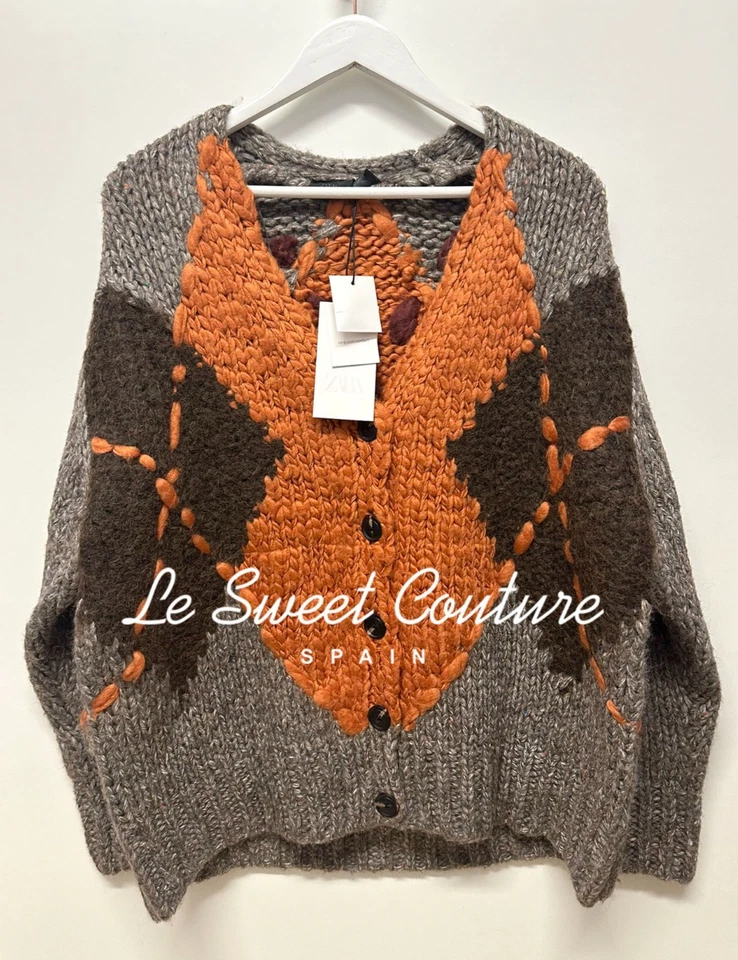 ZARA WOMAN NWT FW25 DIAMOND KNIT CARDIGAN TAUPE JACKET 0021/101/759