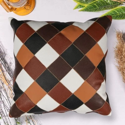 Leather Pillow Cover 18x18 – Patchwork Throw Pillow Cover in Brown, Tan, Blac... - Image 1 of 4