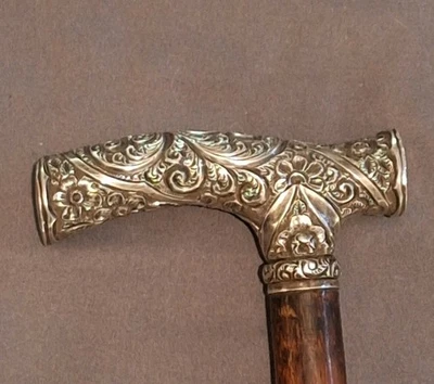 Antique 1890's Cane Engraved Sterling Repousse Handle Bamboo Simons Brothers - Image 1 of 4