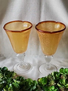 Set of 2 Artland Hand-blown Bubble Amber Wine / Water Goblet / Glass 8” - Picture 1 of 9