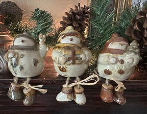 3 Glazed Art Pottery Snowmen Shelf Sitters Earthtones Christmas Winter Decor 6" - Picture 1 of 11