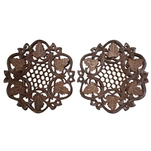 2 Vtg Carved Sheesham Wood Trivet Hot Pad India Leaf Flower Honeycomb Inlay Boho - Picture 1 of 5