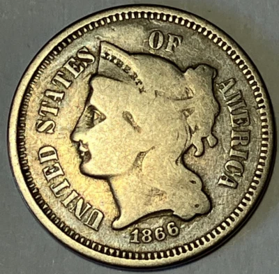 1866 3 Cent Piece Nickel ~ VG - Image 1 of 2