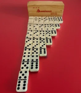 Vintage Dominoes Game Set of 28 Double Six Taiwan in wooden box Ivory Colored - Picture 1 of 7
