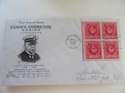 John Philip Sousa (Composer) 2c Stamp 1940 Fdc Sc#880 Art Craft Cachet Cover #2 - Image 1 of 2