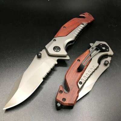 Cuchillo de bolsillo plegable de caza con hoja abierta asistida por resorte súper cuchillo de madera de 8" Foto 1 de 4