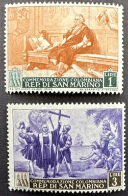 SAN MARINO 1952 SC# 308 & 310 Lot of 2 Mint Stamps MH/MNH Christopher Columbus - Image 1 of 2