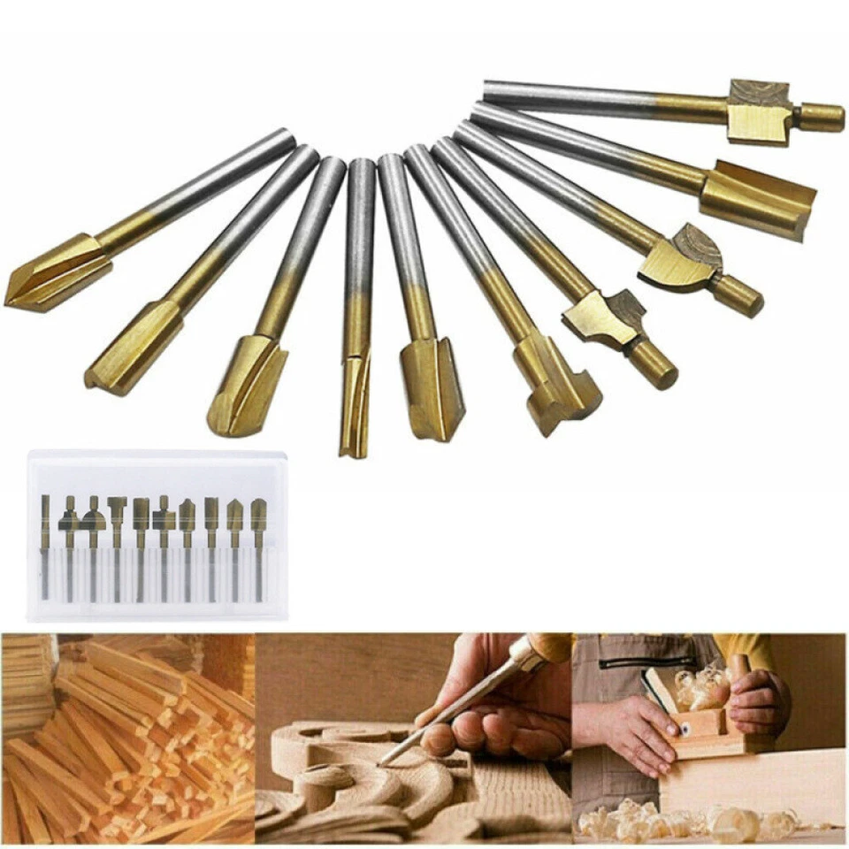 10 PCS 1/8" 3mm Mini Shank HSS Titanium Router Bits for Dremel Rotary Tool Sets - Image 1 of 4