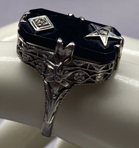 14k White Gold Onyx Ladies Eastern Star Masonic Ring Diamond Size 7 3.13 Grams - Picture 1 of 12