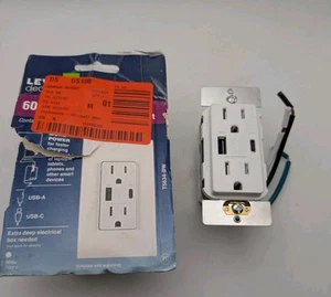 Leviton Decora+ 60W USB-A + USB-C PD Outlet | T5634-BW White (Open Box, Unused) - Picture 1 of 6