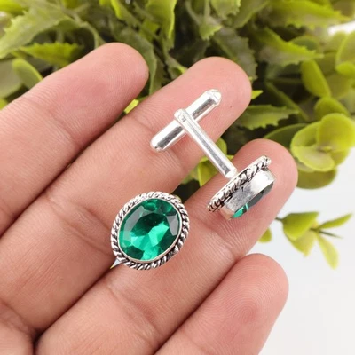 Abotoaduras masculinas de prata esterlina 925 com pedra preciosa esmeralda verde criada em laboratório - Imagem 1 de 4