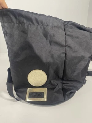 VERSACE PARFUMS Medusa Head Black Nylon Drawstring Flap Backpack EUC - Image 1 of 4