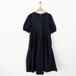 Zara Tiered Midi Maxi Smock Dress Size XL Black Poplin Cotton Puff Sleeve - Picture 1 of 16