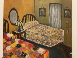 Vintage Mid Century Oil Painting Interior Room by Kaufman MCM Bedroom California - Picture 1 of 8