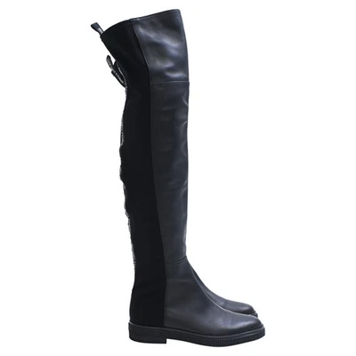 Sergio Rossi Logo Strip Knee-High Boots In Leather Women Black Size 37 - Image 1 of 4