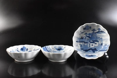 T6931: PLACA/plato de pintura de paisaje azul y blanco antiguo japonés Imari-ware 3 piezas, Foto 1 de 4