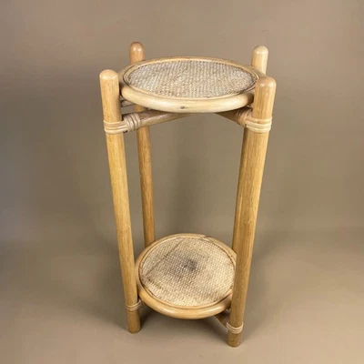 Vintage Two Tier Plant Stand Boho Natural Woven Display Table Rattan Cane - Image 1 of 4